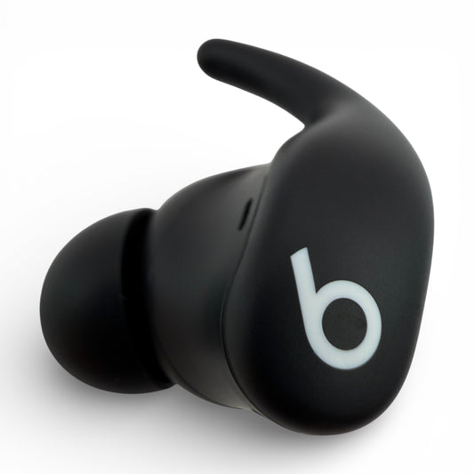 Left Powerbeats Fit earbud in black, front view showing the logo and ear hook