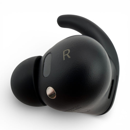 Right replacement Powerbeats Fit earbud in black, back view showing the R marking and charging contact