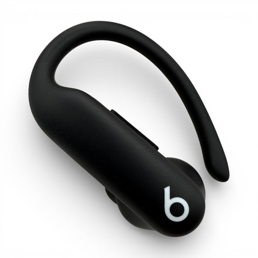 Left replacement Powerbeats Pro 2 earbud in black, front view with hook extended and logo visible