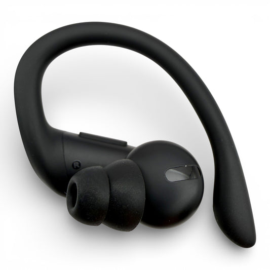 Right replacement Powerbeats Pro earbud in black, side view with ear tip attached