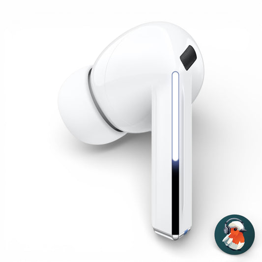 Left replacement Samsung Galaxy Buds3 Pro earbud in white, side view showing LED indicator and ear tip