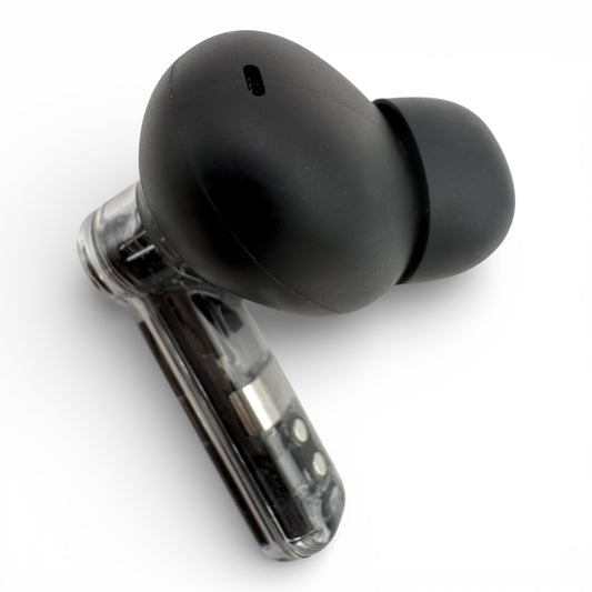 Left Nothing ear (2) earbud in black, back view showing the rounded shell and edge of the transparent stem