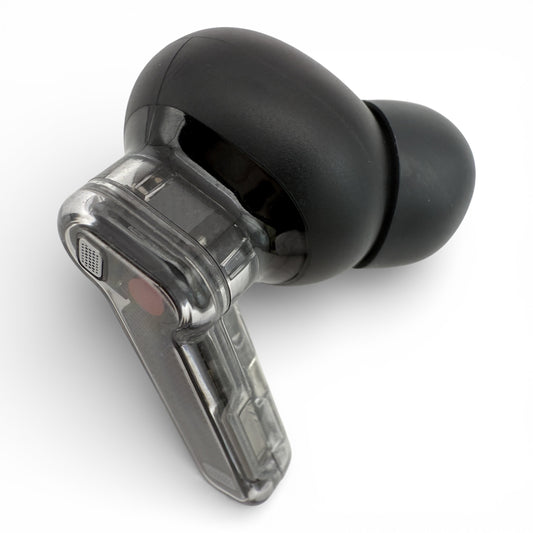 Right replacement Nothing ear (2) earbud in black, front view showing stem controls and ear tip