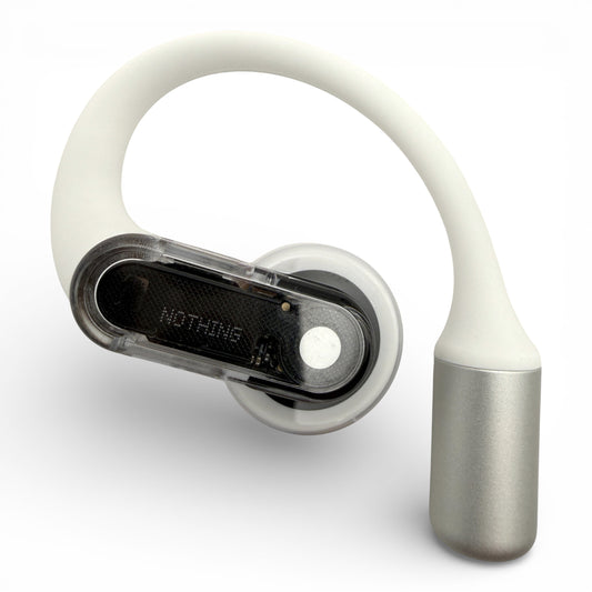 Left replacement Nothing ear (open) earbud, front view showing the NOTHING logo and clear module