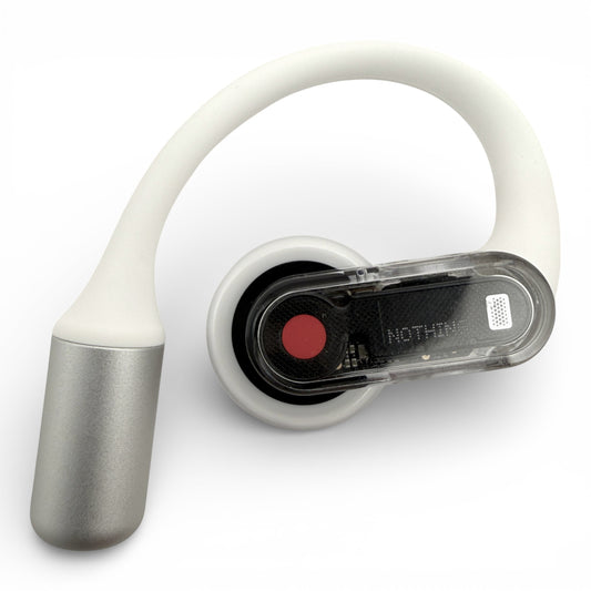 Right replacement Nothing ear (open) earbud, front view showing control panel and charging pin