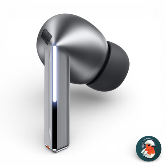 Right replacement Galaxy Buds3 Pro earbud in silver, side view showing the charging contacts and LED strip