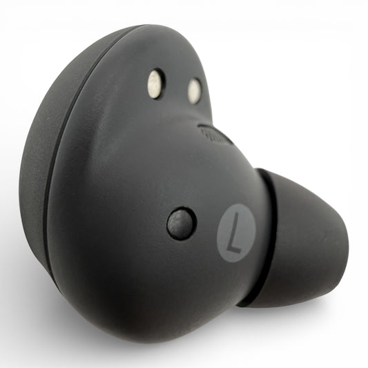Left replacement Samsung Galaxy Buds2 Pro earbud in black, back view showing charging pins and L marking