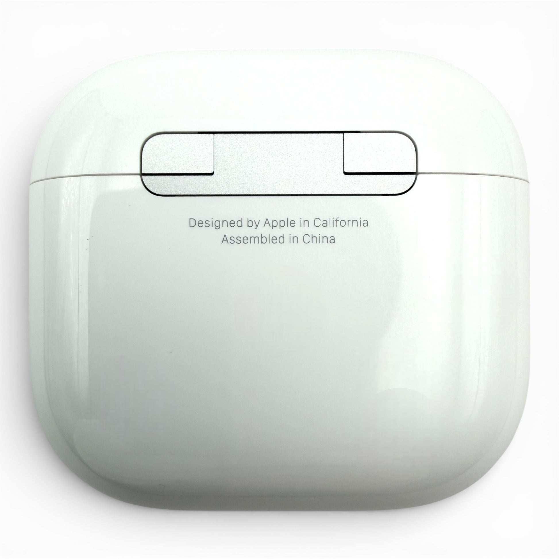 Apple AirPods 4 replacement charging case, back view showing Designed by Apple text and status light