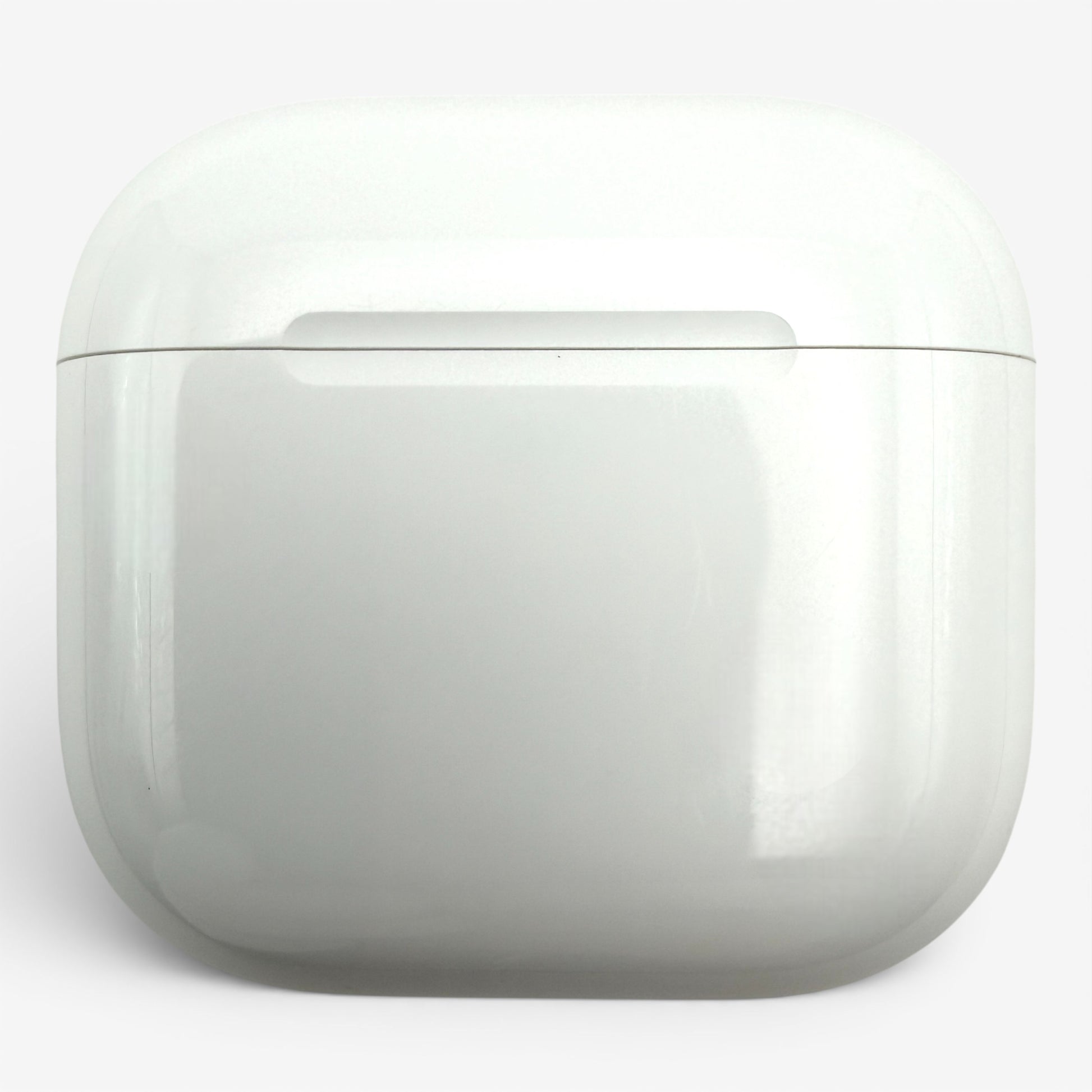 Apple AirPods 4 replacement charging case, closed, front view showing the lid seam and pairing button