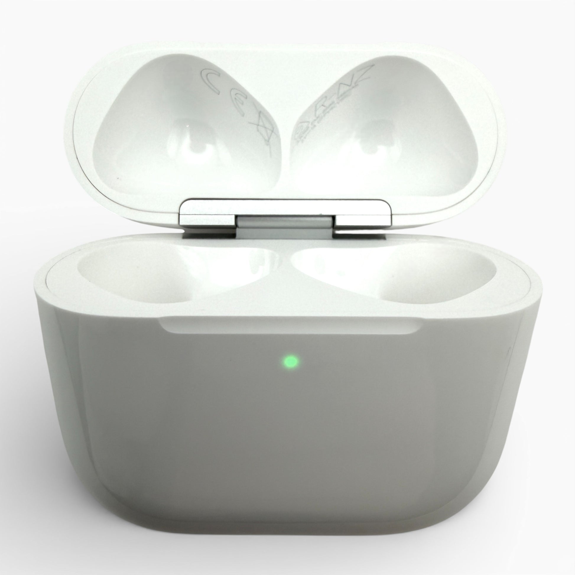 Apple AirPods 4 replacement charging case open, empty earbud cavities and green charging light visible