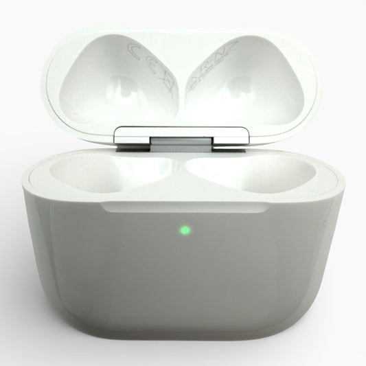 Apple AirPods 4 replacement charging case open, empty earbud cavities and green charging light visible