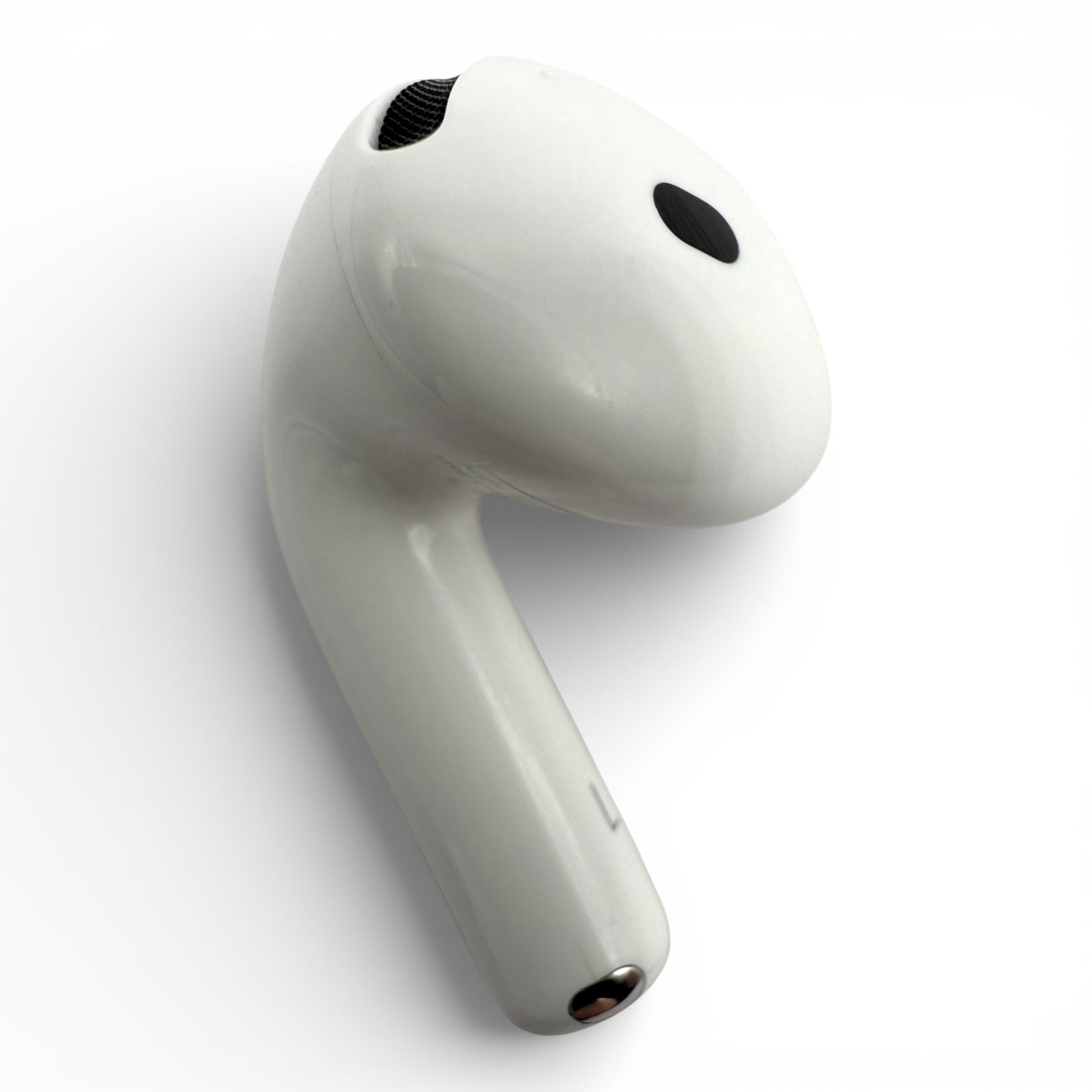 Left replacement Apple AirPods 4 earbud with ANC, front view showing the vent openings