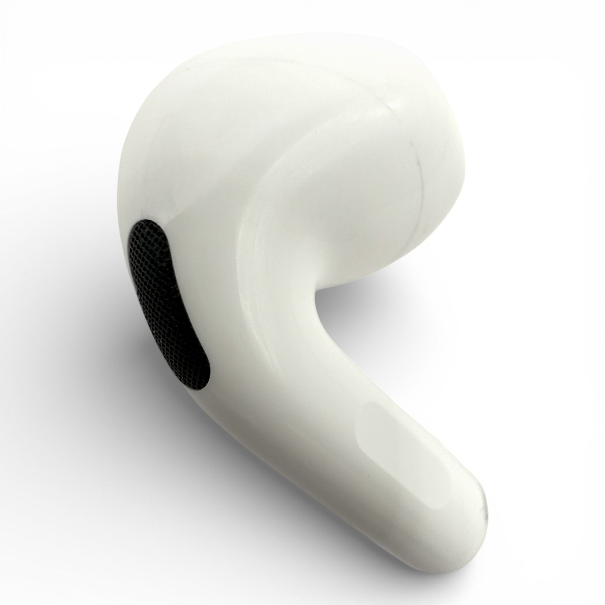 Right replacement Apple AirPods 4 earbud with ANC, back view of mesh vent and charging stem