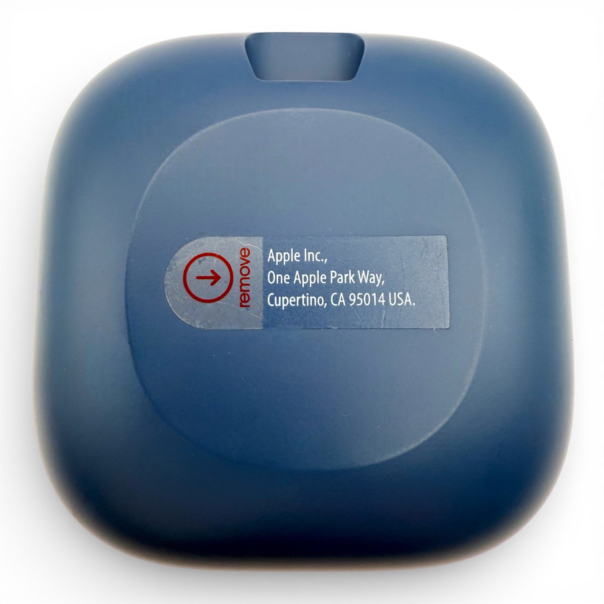 Beats Fit Pro charging case in blue, back view with the Apple address label