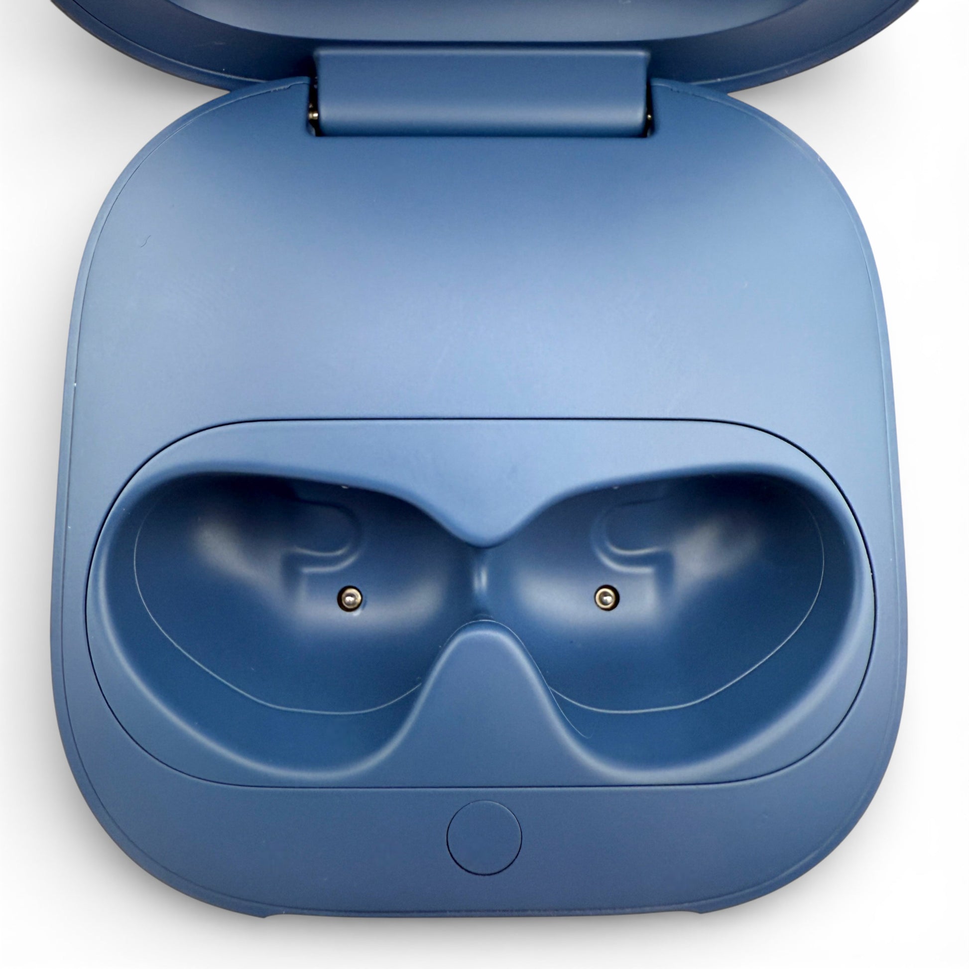 Beats Fit Pro charging case in blue, open showing the earbud charging cradles