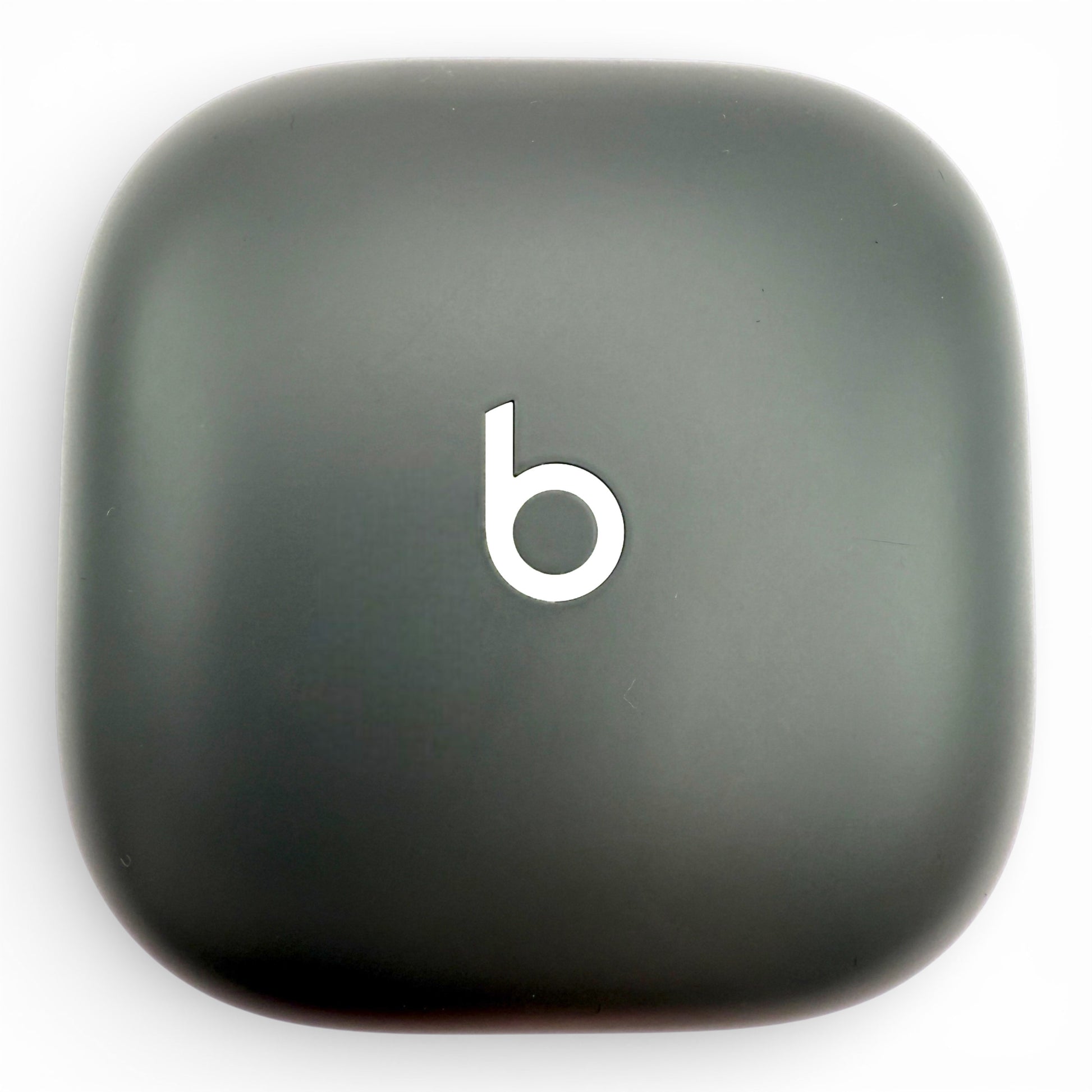 Beats Fit Pro charging case in gray, front view showing the Beats logo