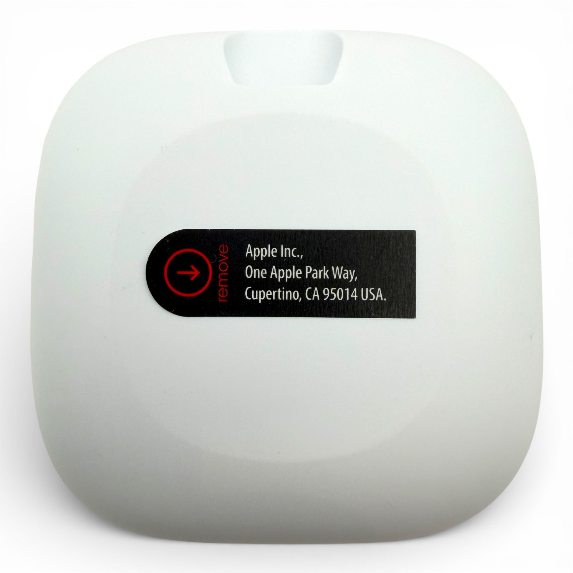 Beats Fit Pro charging case in white, back view with the Apple address label