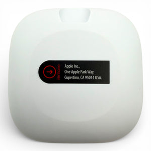 Beats Fit Pro charging case in white, back view with the Apple address label