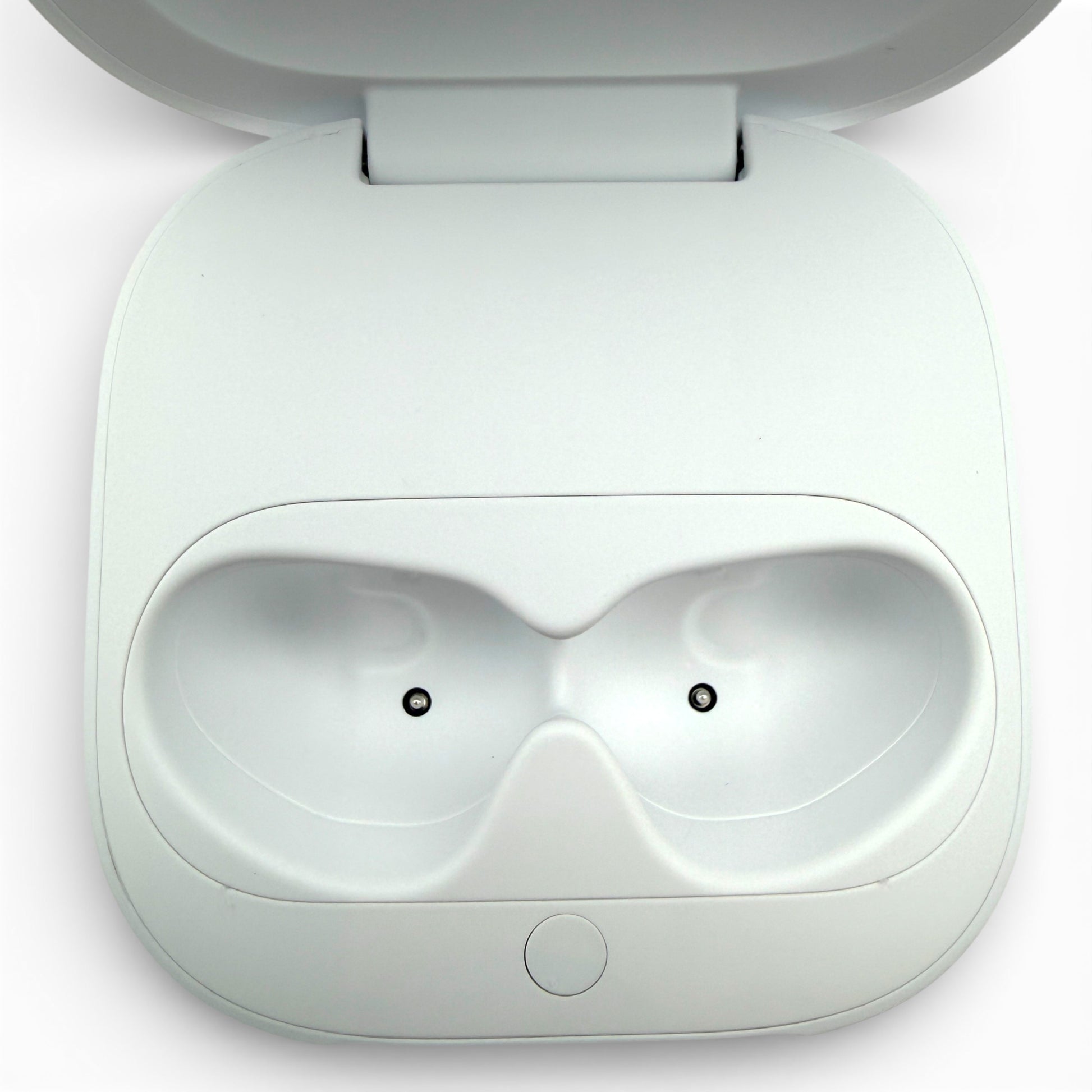 Beats Fit Pro charging case in white, open showing the earbud charging cradles