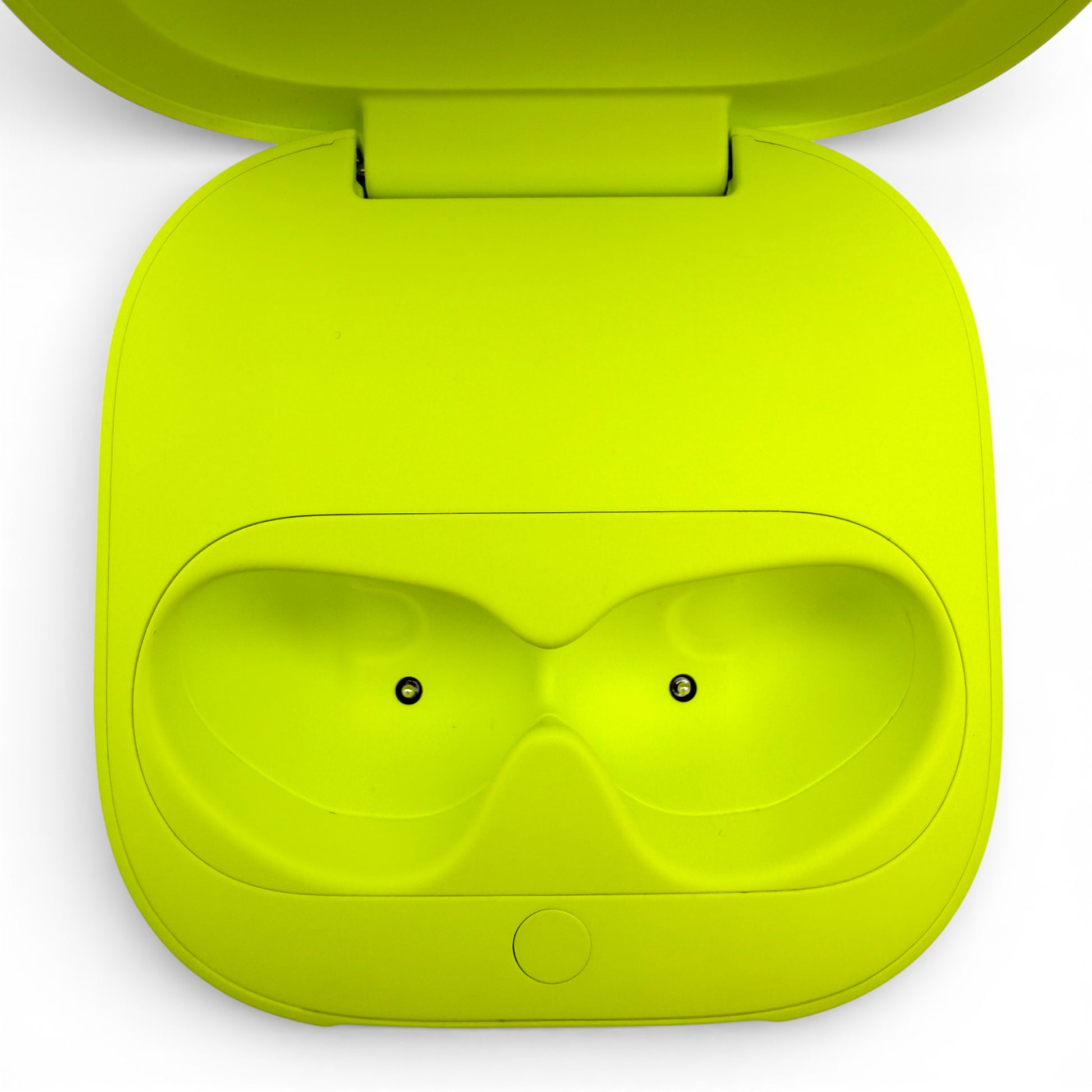 Beats Fit Pro charging case in yellow, open showing the earbud charging cradles