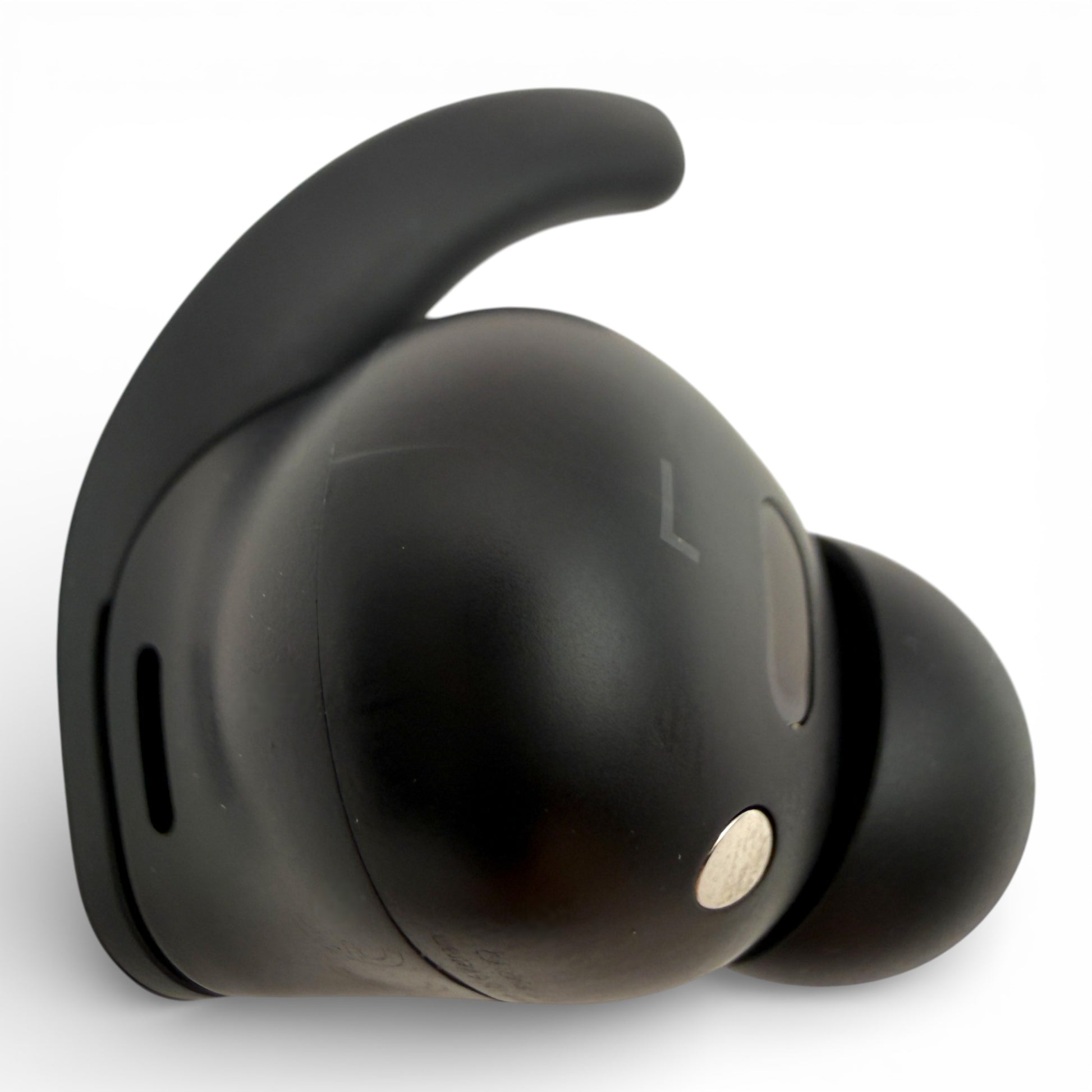 Left replacement Beats Fit Pro earbud in black, side view showing the L marking and charging contact