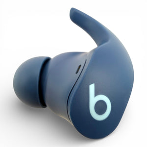 Left replacement Beats Fit Pro earbud in blue, front view showing the Beats logo and ear tip