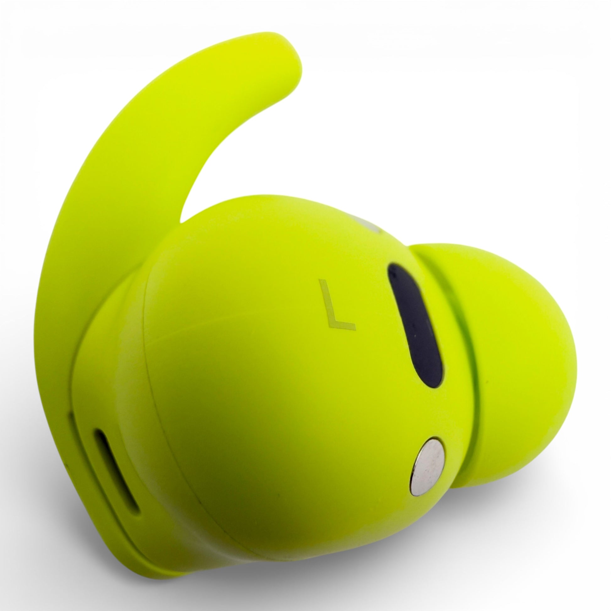 Left replacement Beats Fit Pro earbud in yellow, side view showing the L marking and charging contact