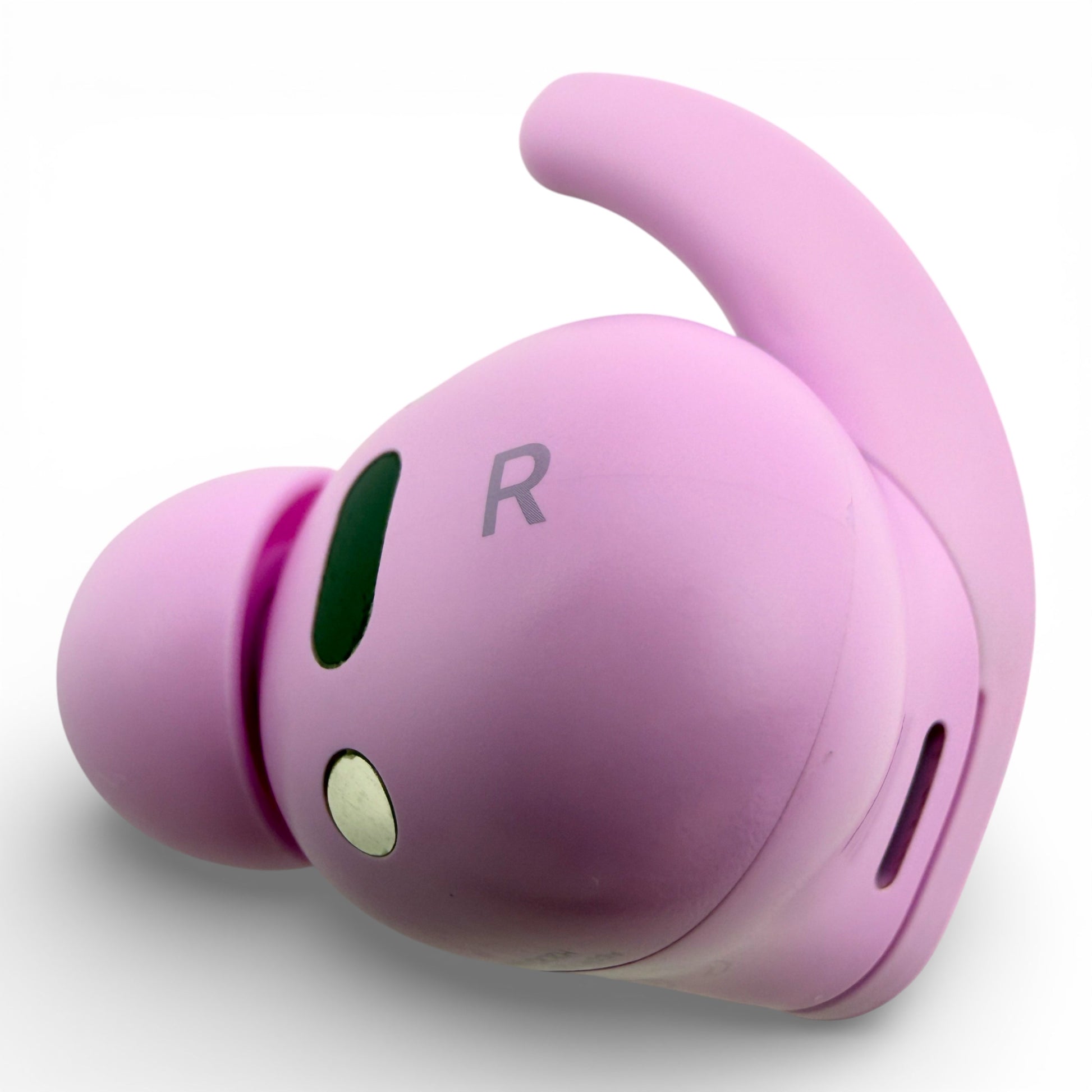 Right replacement Beats Fit Pro earbud in purple, back view showing the R marking and charging contact
