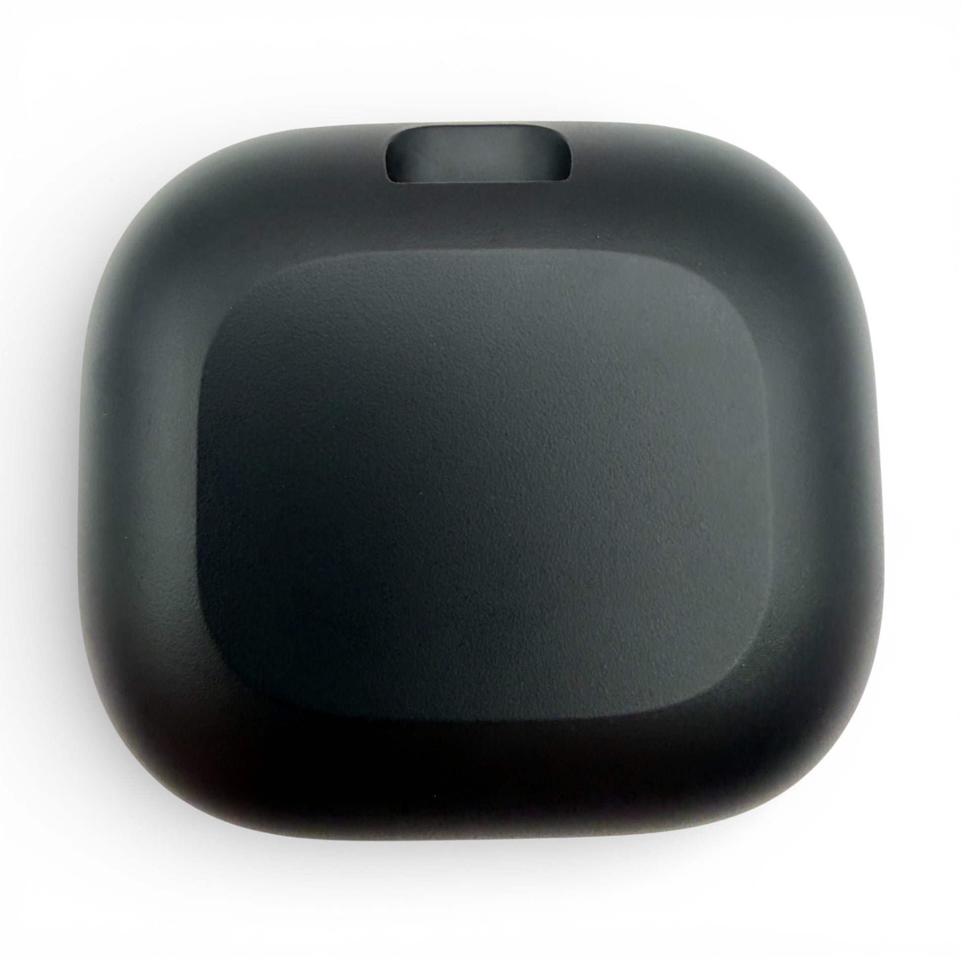 Beats Powerbeats Fit charging case in black, underside view showing the hinge notch