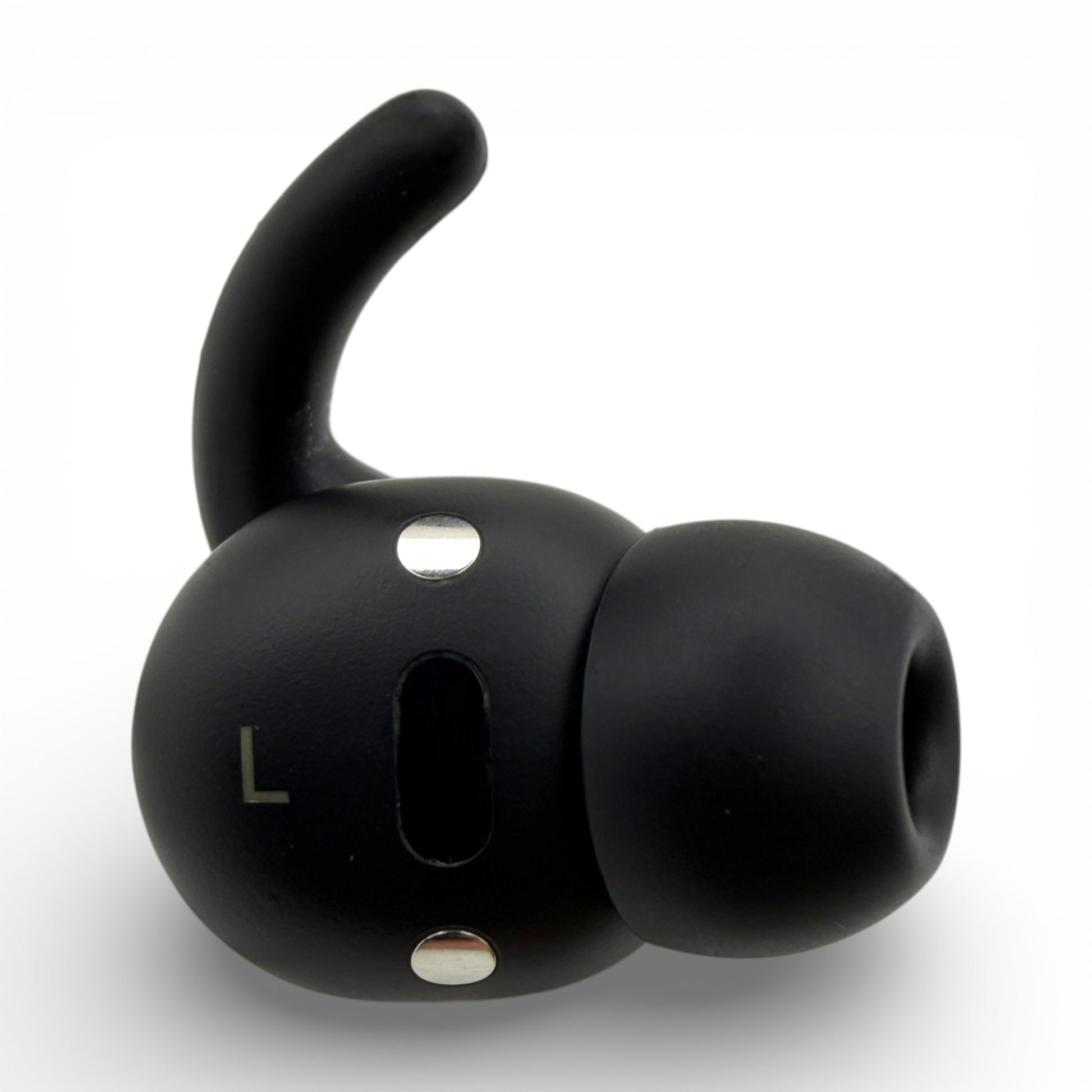 Left Powerbeats Fit earbud in black, close-up back view showing the L marking between two buttons