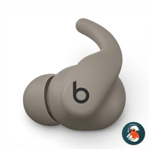 Left Powerbeats Fit earbud in gray, front view showing the logo and ear hook