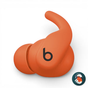 Left Powerbeats Fit earbud in orange, front view showing the logo and ear hook