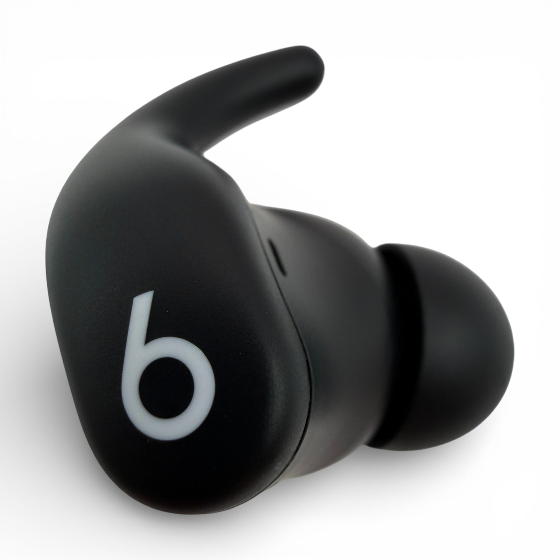 Right replacement Powerbeats Fit earbud in black, front view showing the ear hook and b logo