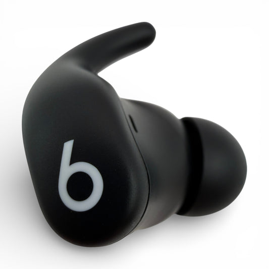 Right replacement Powerbeats Fit earbud in black, front view showing the ear hook and b logo