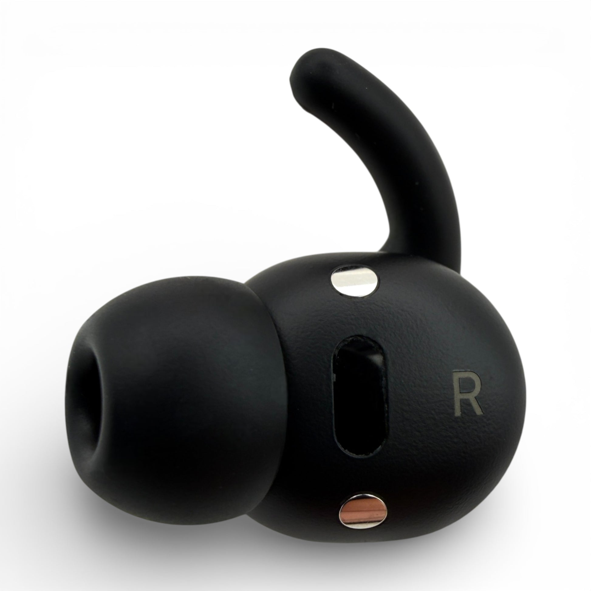 Right replacement Powerbeats Fit earbud in black, side view with ear tip attached showing the R marking