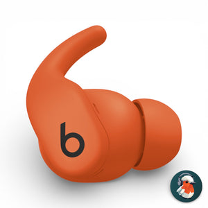 Right replacement Powerbeats Fit earbud in orange, front view showing the ear hook and b logo