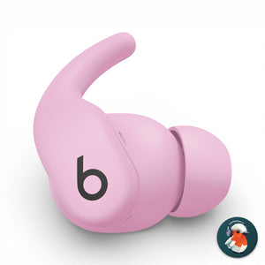 Right replacement Powerbeats Fit earbud in pink, front view showing the ear hook and b logo