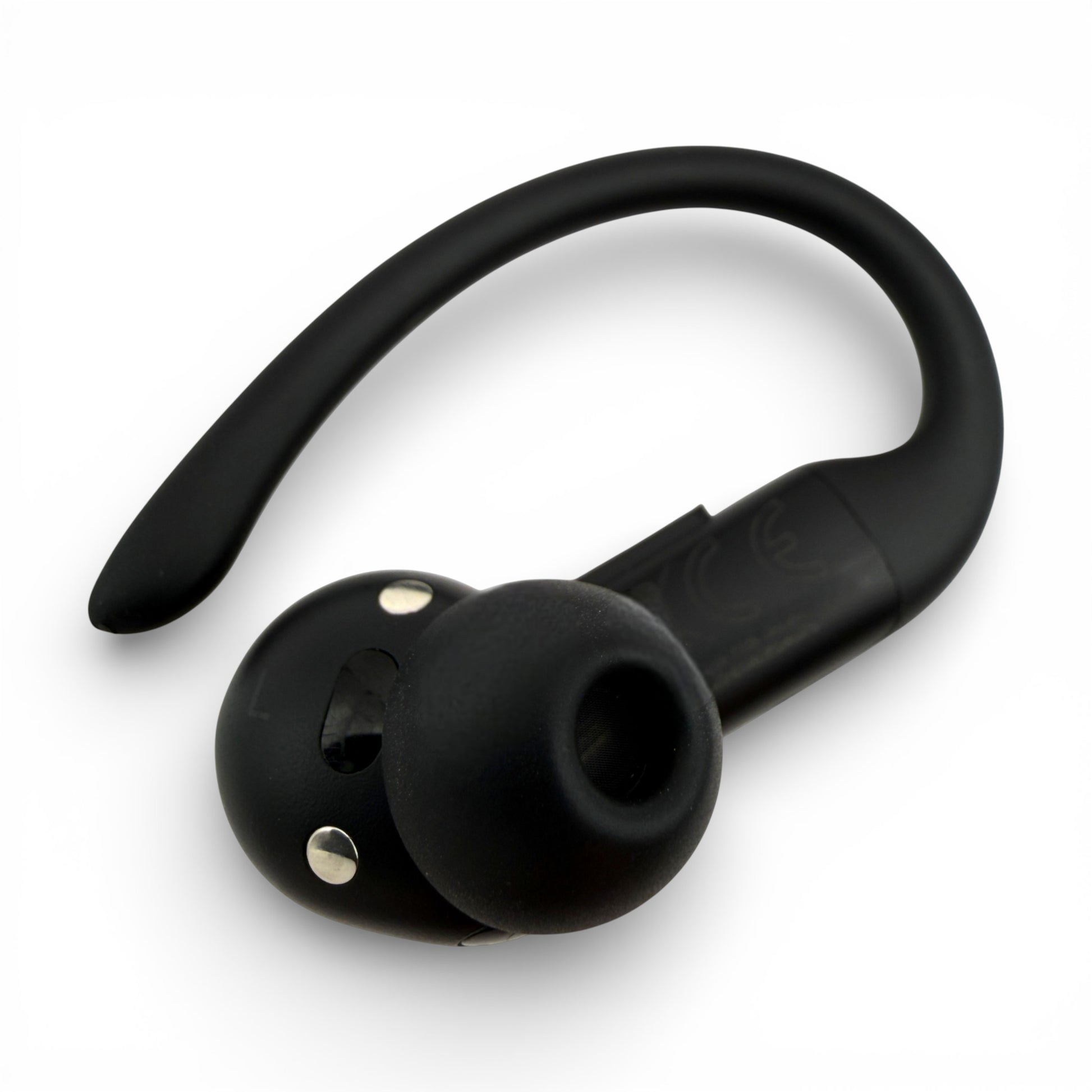 Left replacement Powerbeats Pro 2 earbud in black, back view showing ear tip and charging contacts