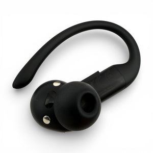 Left replacement Powerbeats Pro 2 earbud in black, back view showing ear tip and charging contacts