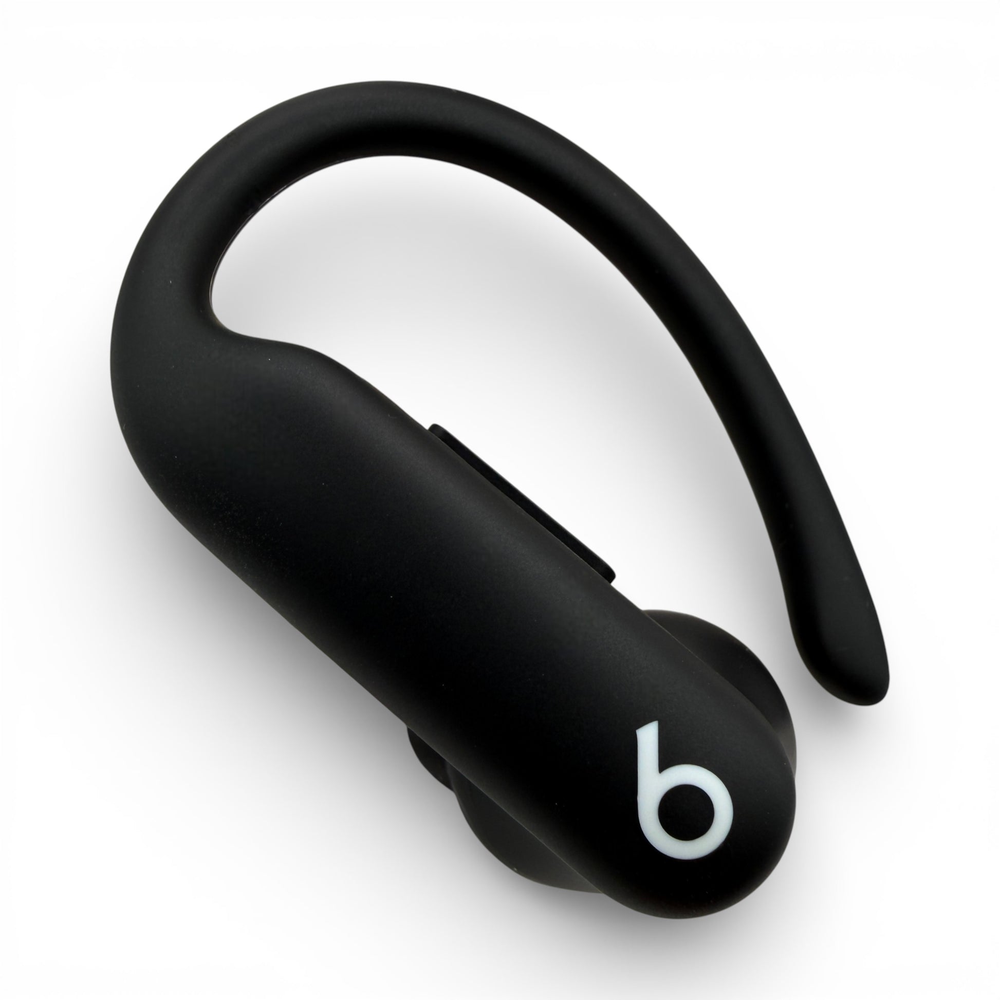 Left replacement Powerbeats Pro 2 earbud in black, front view with hook extended and logo visible