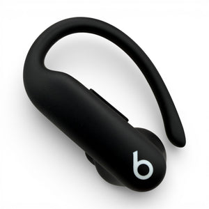 Left replacement Powerbeats Pro 2 earbud in black, front view with hook extended and logo visible