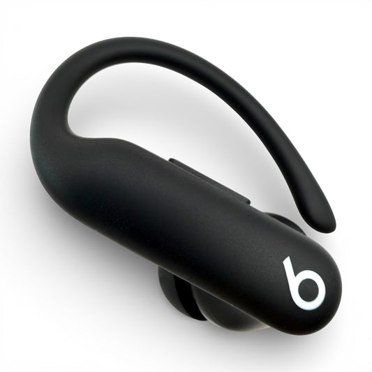 Left replacement Powerbeats Pro 2 earbud in black, side view showing the ear tip and hook