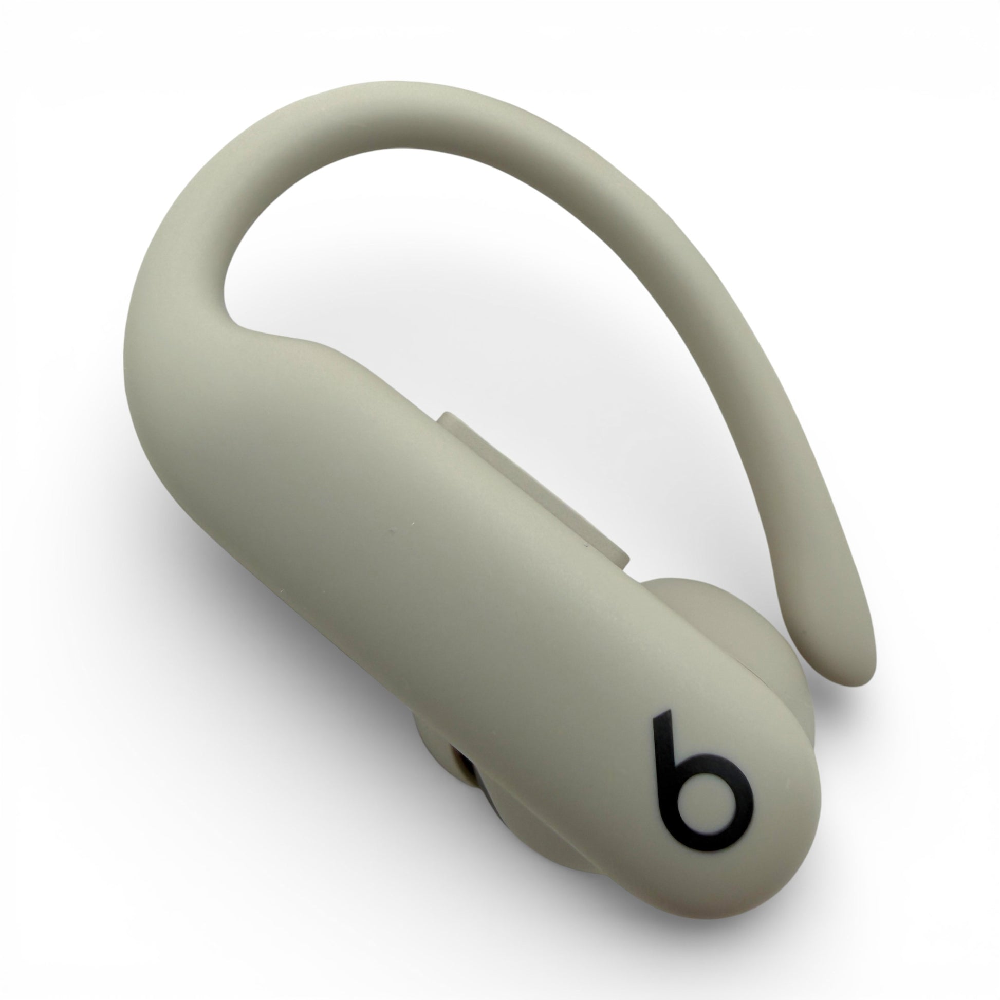 Left replacement Powerbeats Pro 2 earbud in gray, front view with hook extended and logo visible