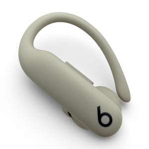 Left replacement Powerbeats Pro 2 earbud in gray, front view with hook extended and logo visible