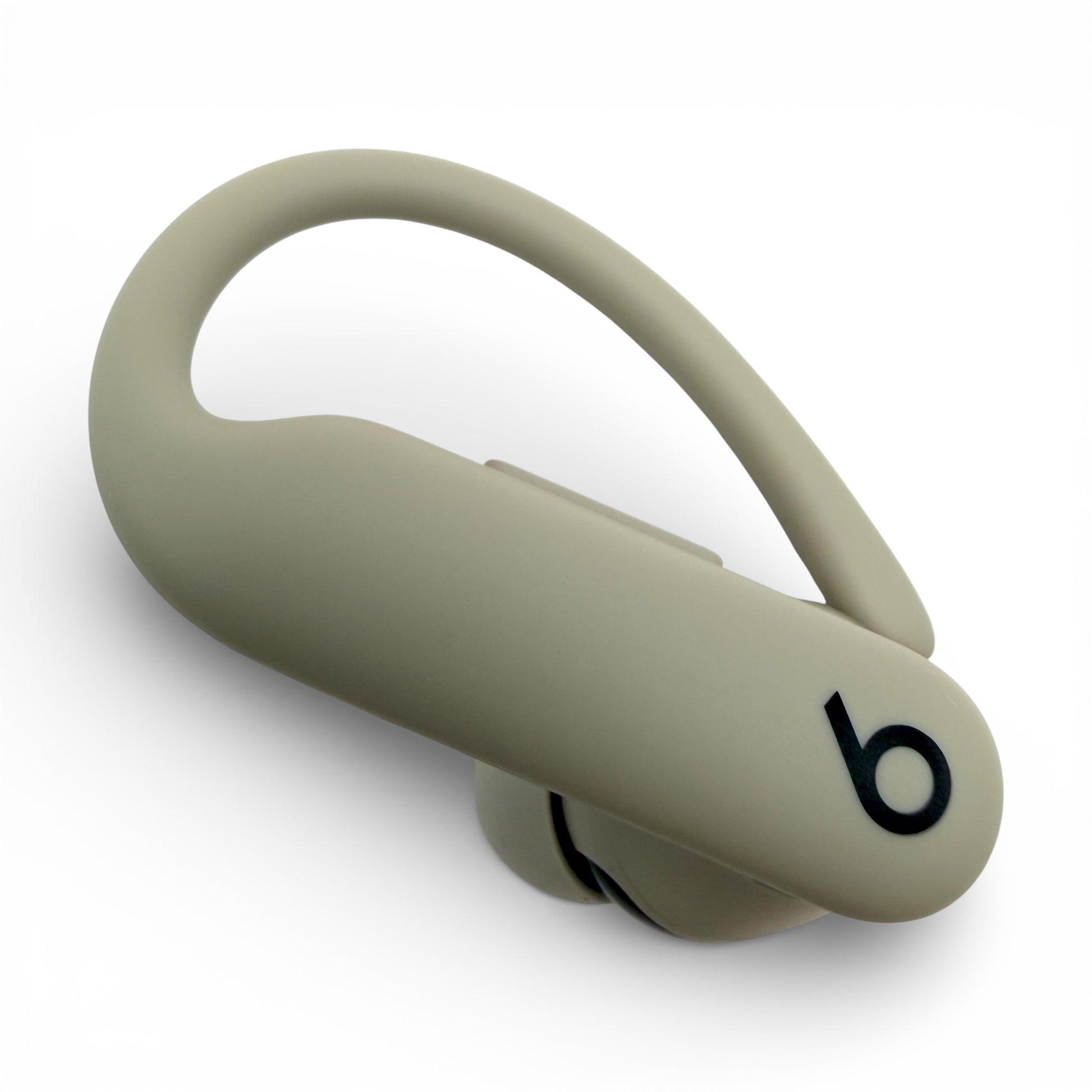 Left replacement Powerbeats Pro 2 earbud in gray, side view showing the ear tip and hook
