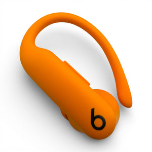 Left replacement Powerbeats Pro 2 earbud in orange, front view with hook extended and logo visible