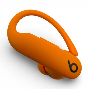 Left replacement Powerbeats Pro 2 earbud in orange, side view showing the ear tip and hook