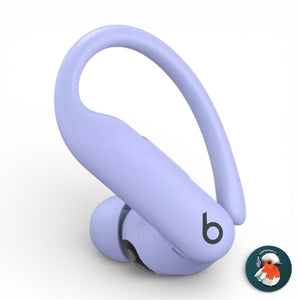 Left replacement Powerbeats Pro 2 earbud in purple, angled view with hook extended and logo visible