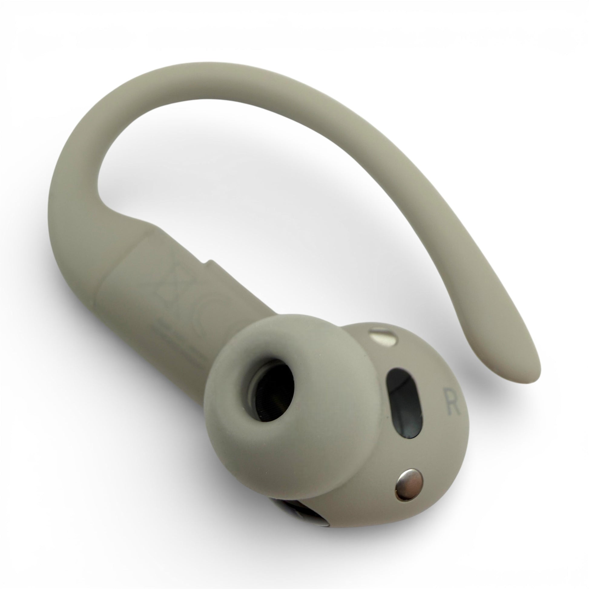 Right replacement Powerbeats Pro 2 earbud in gray, side view with ear tip attached