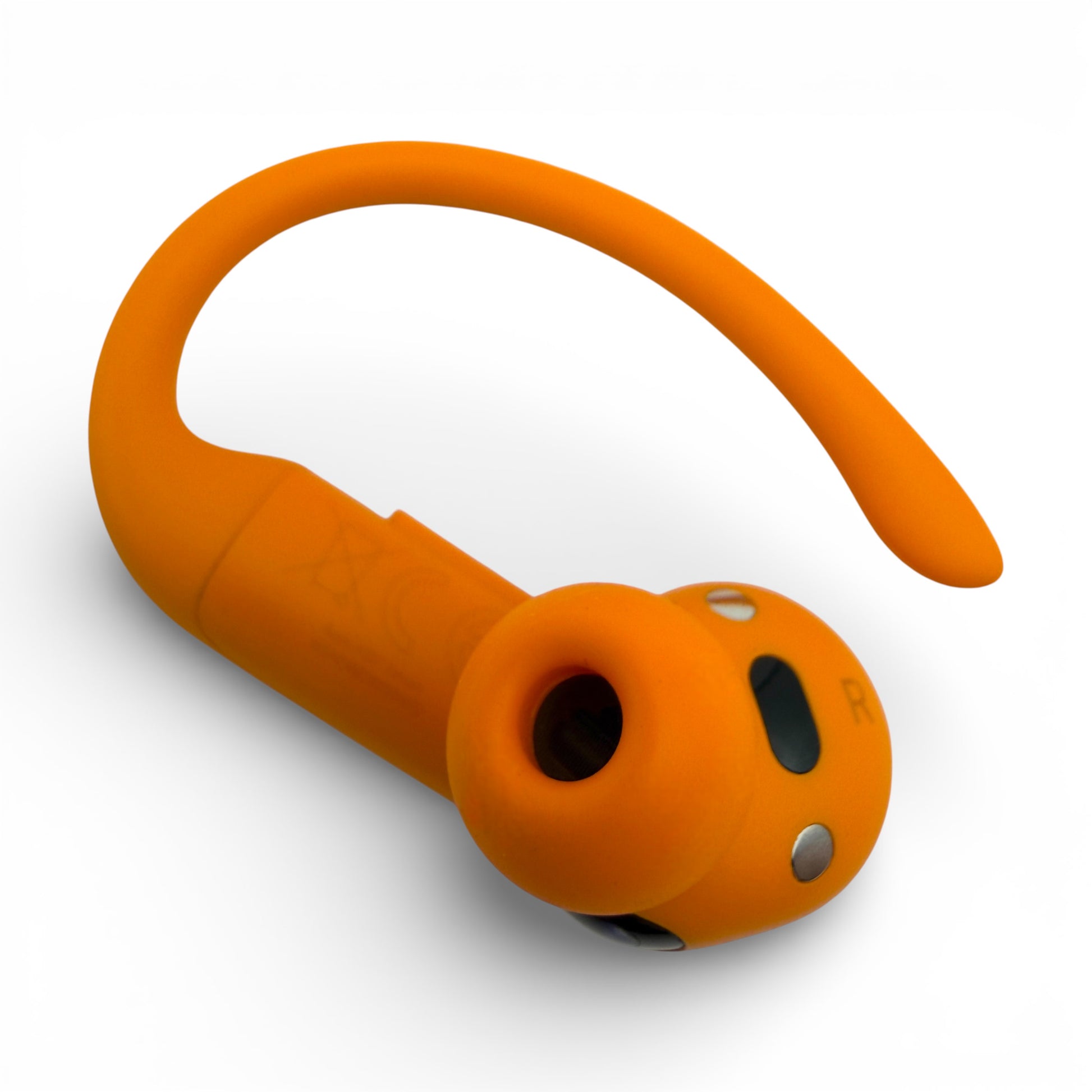 Right replacement Powerbeats Pro 2 earbud in orange, side view with ear tip attached